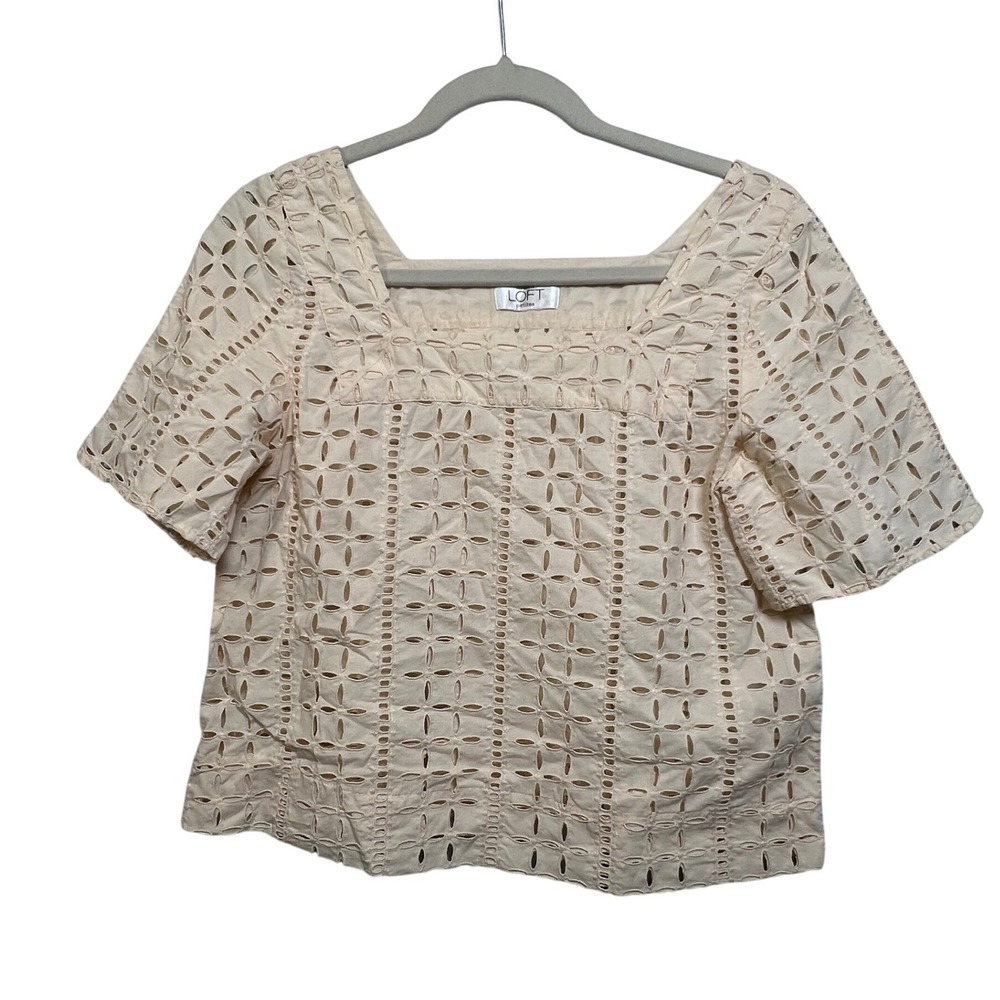LOFT Petites Cream Eyelet Blouse Square Neck Short Sleeve Cotton Top Ivory